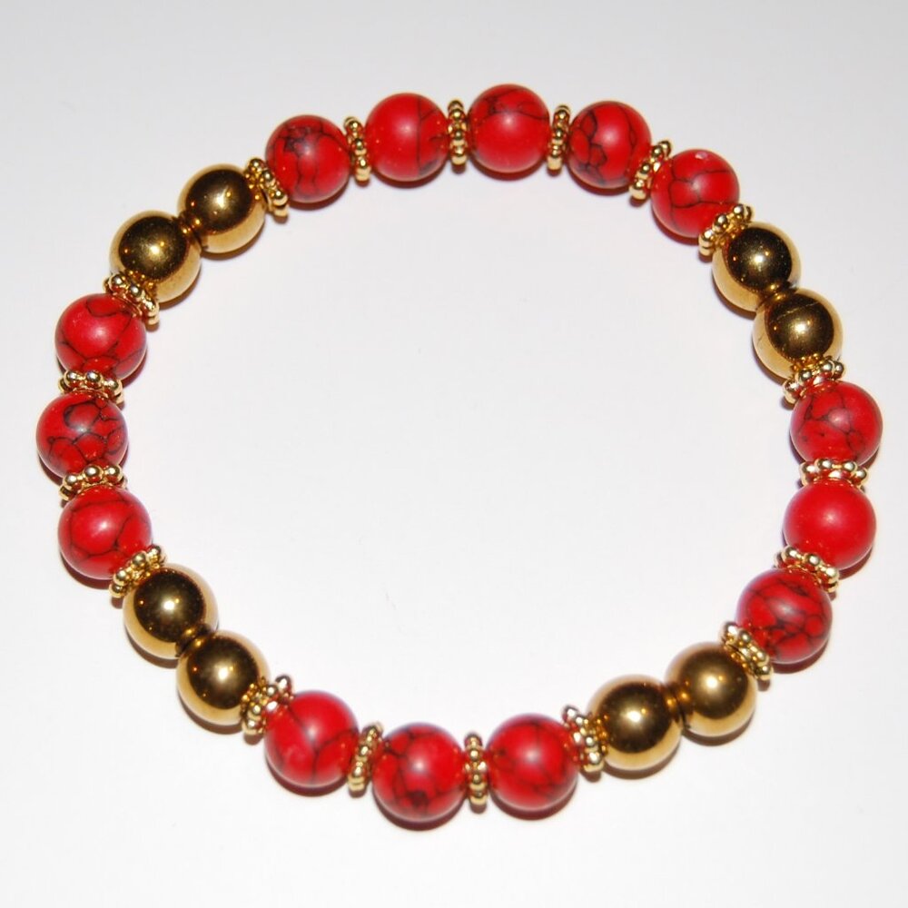 Red and Gold Bracelet,Red Howlite and Golden 8mm Beads